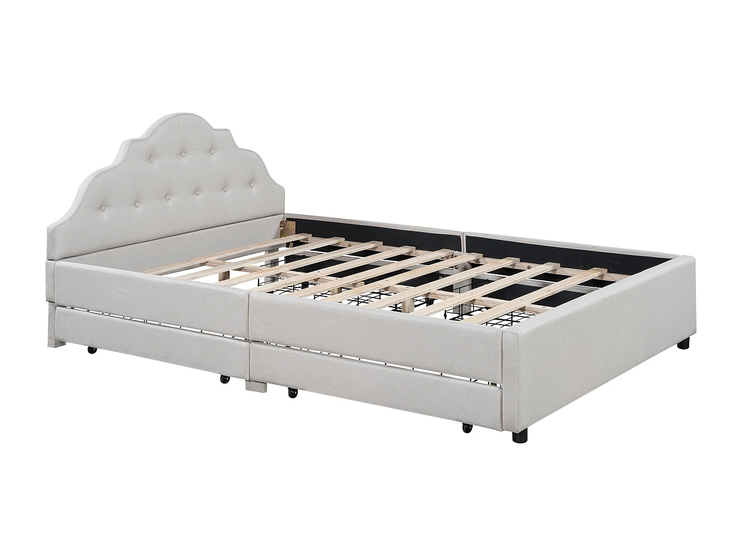 Lit capitonné 140 x 200 cm avec 4 tiroirs et tête de lit, rembourré en lin, sans matelas, beige