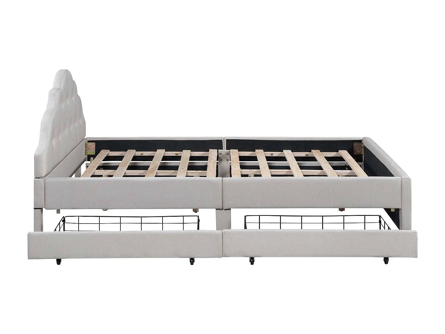 Lit capitonné 140 x 200 cm avec 4 tiroirs et tête de lit, rembourré en lin, sans matelas, beige