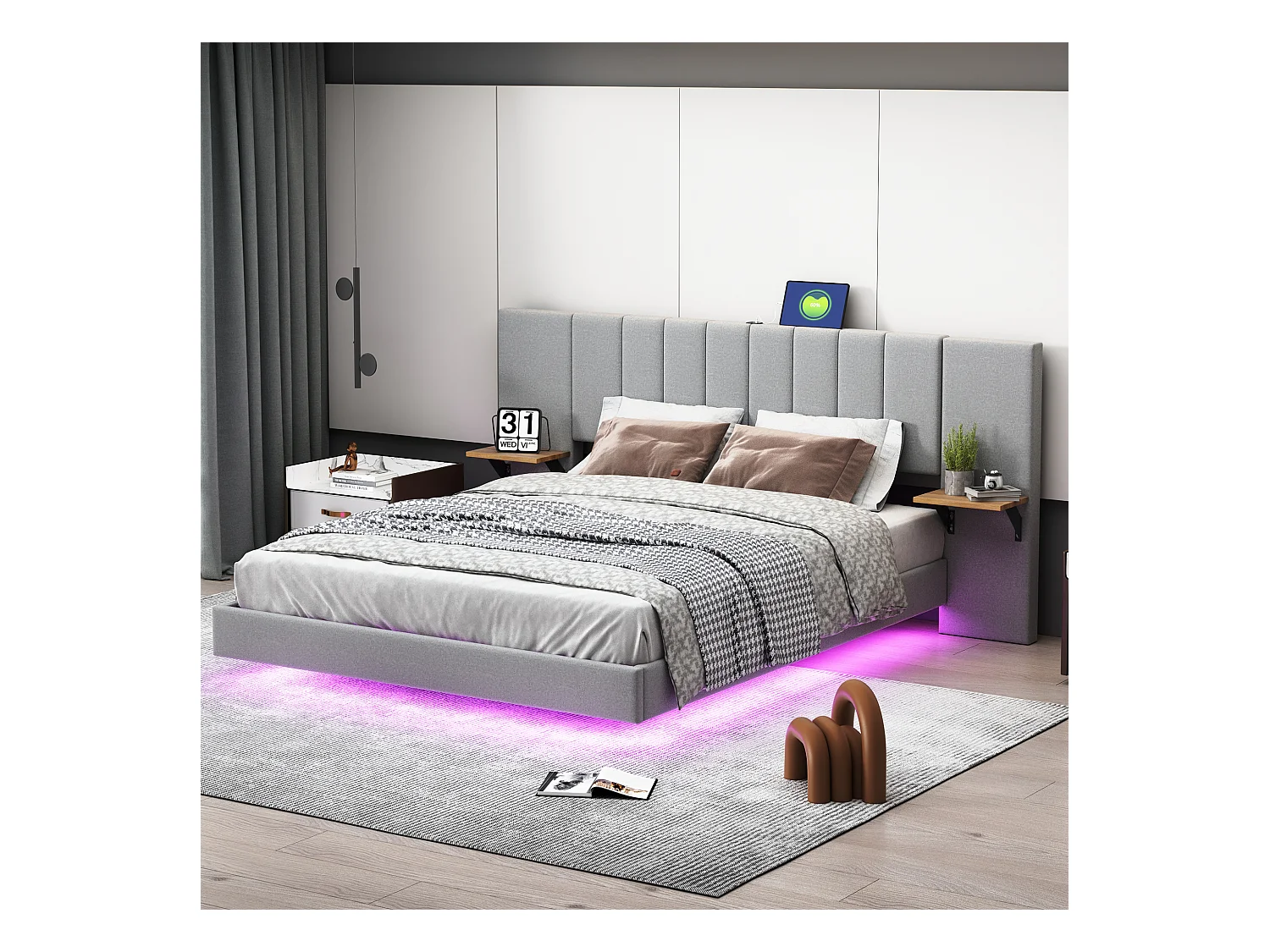 Lit capitonné 160 x 200 cm avec tête de lit allongée et étagères latérales - Prise USB et LEDs - Tissu en lin - Gris