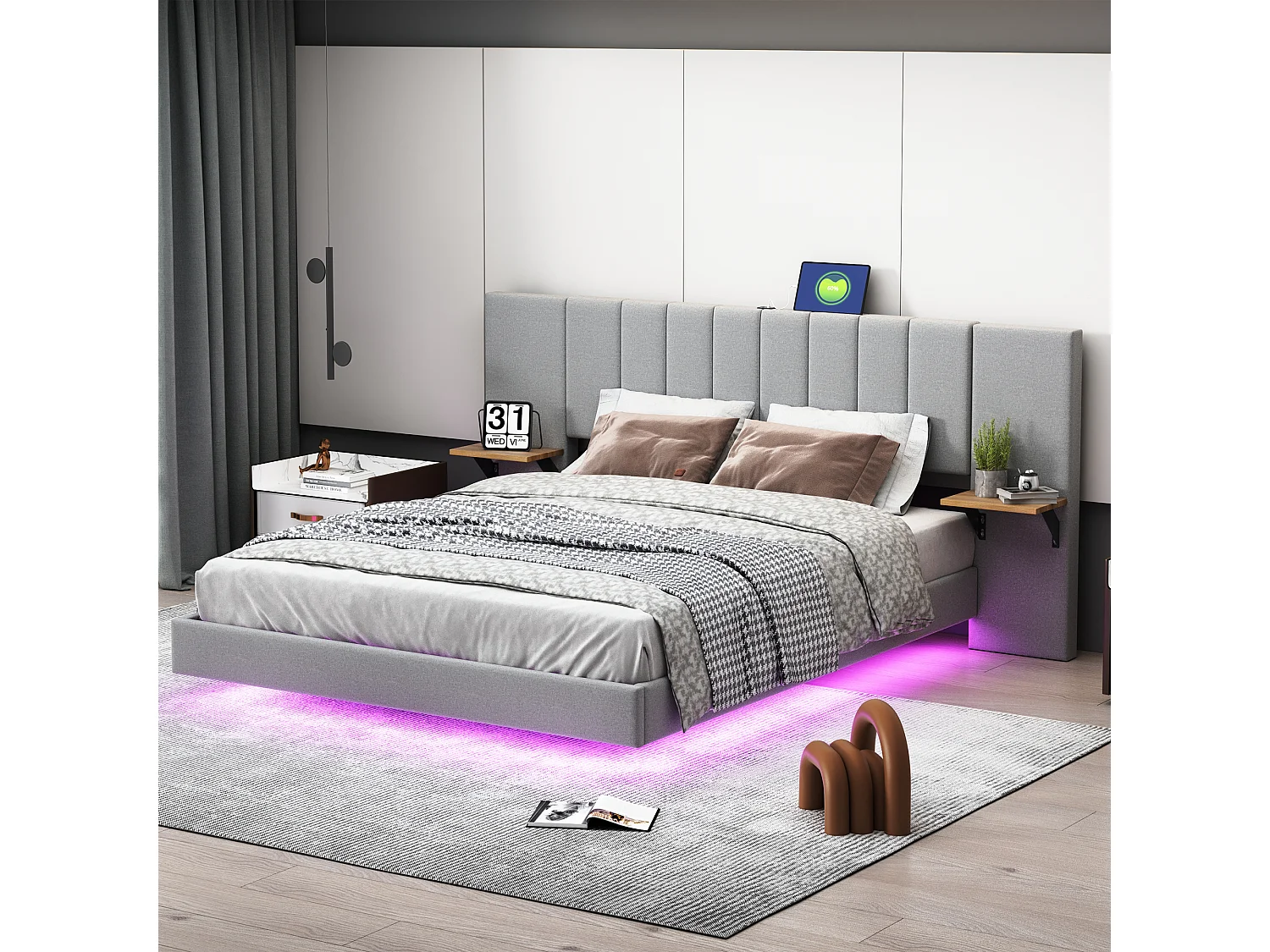 Gestoffeerd bed 160 x 200 cm met langwerpig hoofdbord en zijplanken - USB-aansluiting en LED's - Linnen stof - Grijs