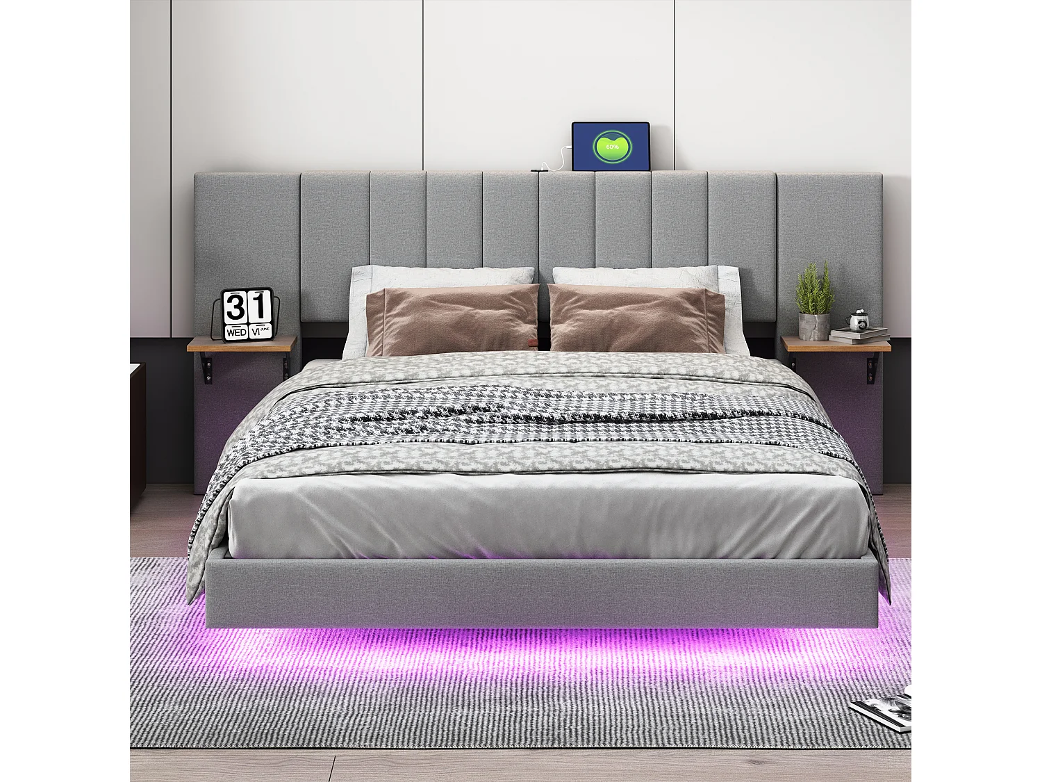 Gestoffeerd bed 160 x 200 cm met langwerpig hoofdbord en zijplanken - USB-aansluiting en LED's - Linnen stof - Grijs
