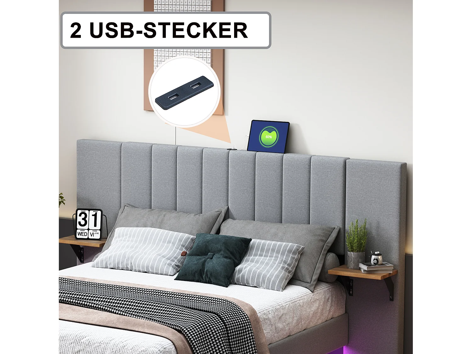 Gestoffeerd bed 160 x 200 cm met langwerpig hoofdbord en zijplanken - USB-aansluiting en LED's - Linnen stof - Grijs