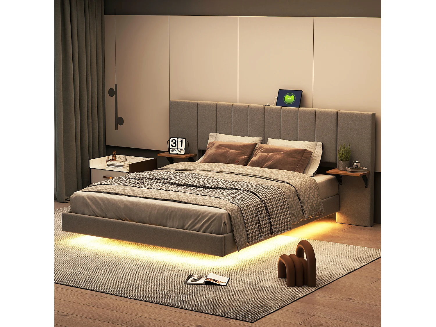 Gestoffeerd bed 160 x 200 cm met langwerpig hoofdbord en zijplanken - USB-aansluiting en LED's - Linnen stof - Grijs