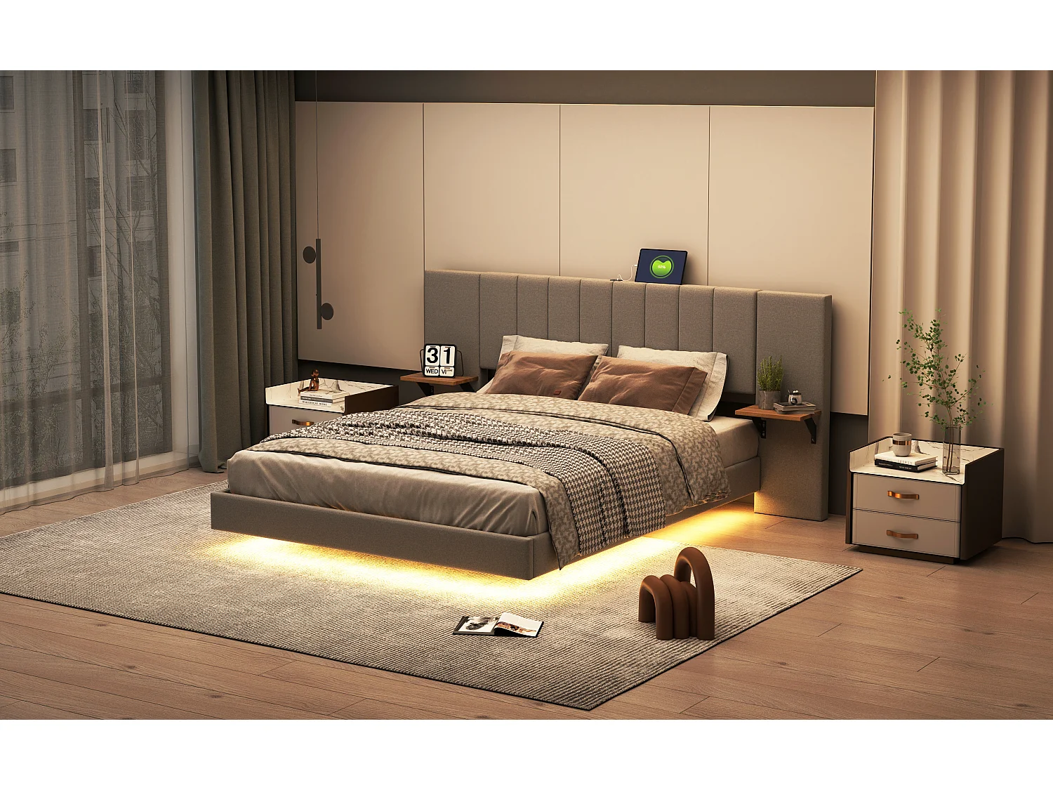 Gestoffeerd bed 160 x 200 cm met langwerpig hoofdbord en zijplanken - USB-aansluiting en LED's - Linnen stof - Grijs