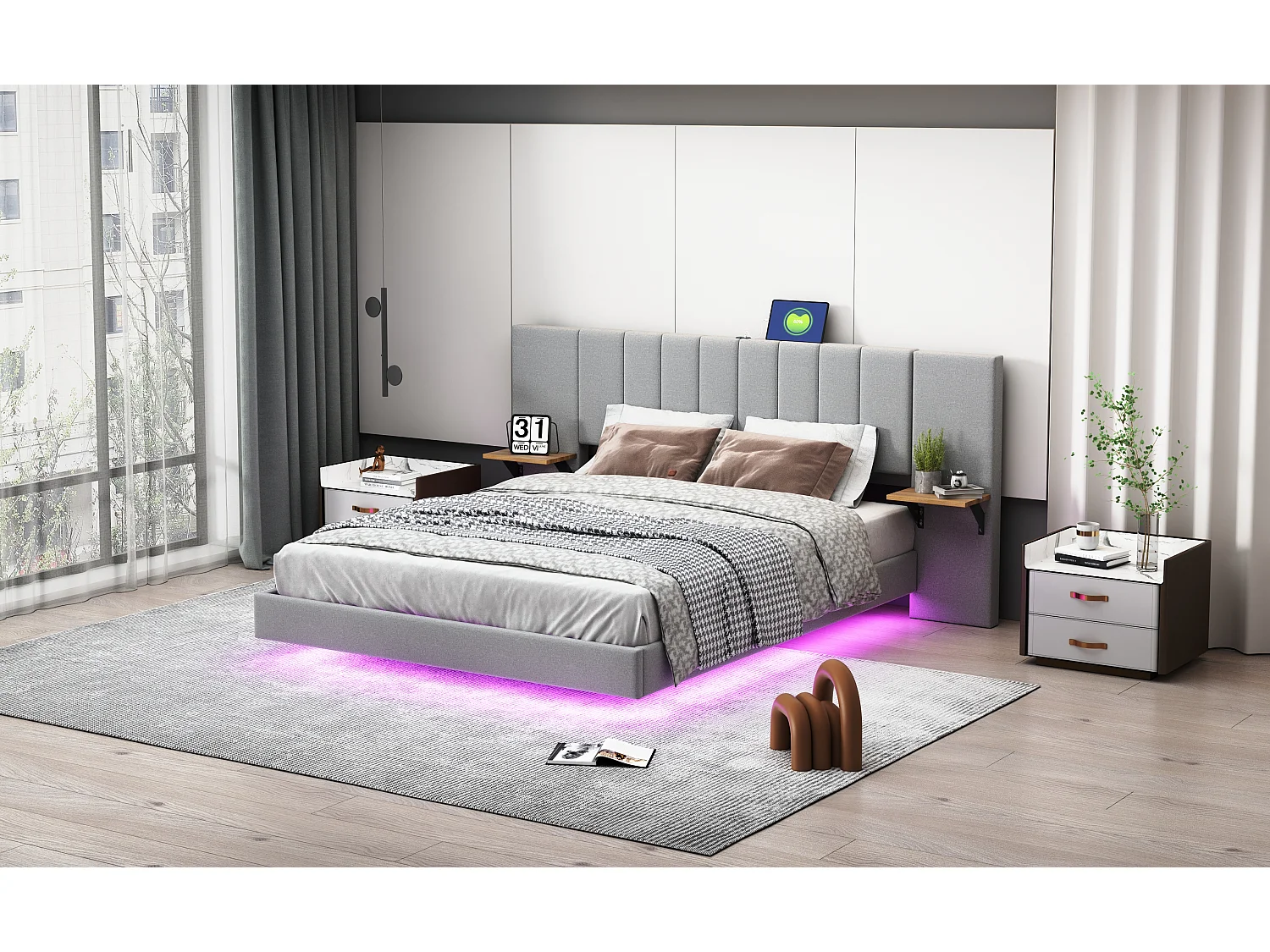 Gestoffeerd bed 160 x 200 cm met langwerpig hoofdbord en zijplanken - USB-aansluiting en LED's - Linnen stof - Grijs