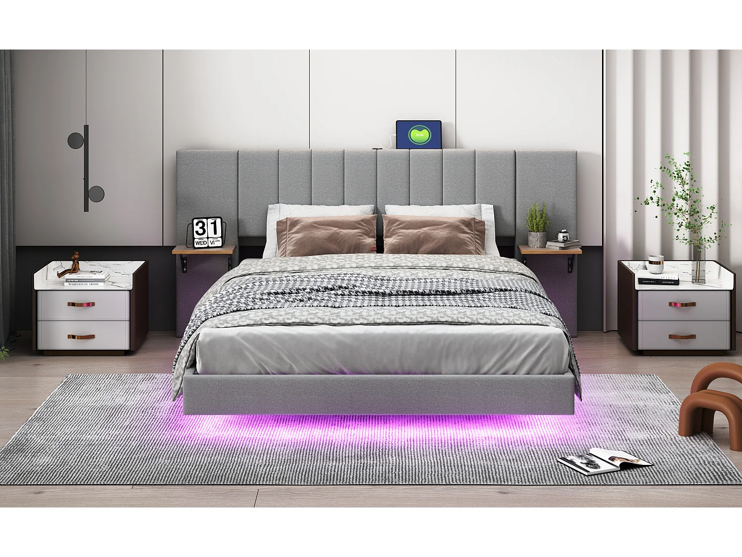 Gestoffeerd bed 160 x 200 cm met langwerpig hoofdbord en zijplanken - USB-aansluiting en LED's - Linnen stof - Grijs