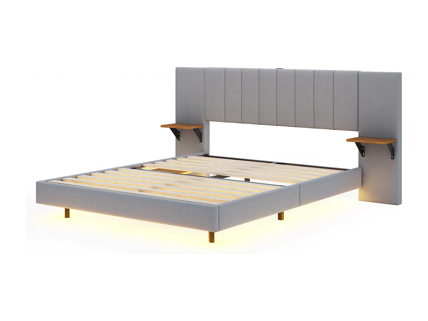Gestoffeerd bed 160 x 200 cm met langwerpig hoofdbord en zijplanken - USB-aansluiting en LED's - Linnen stof - Grijs