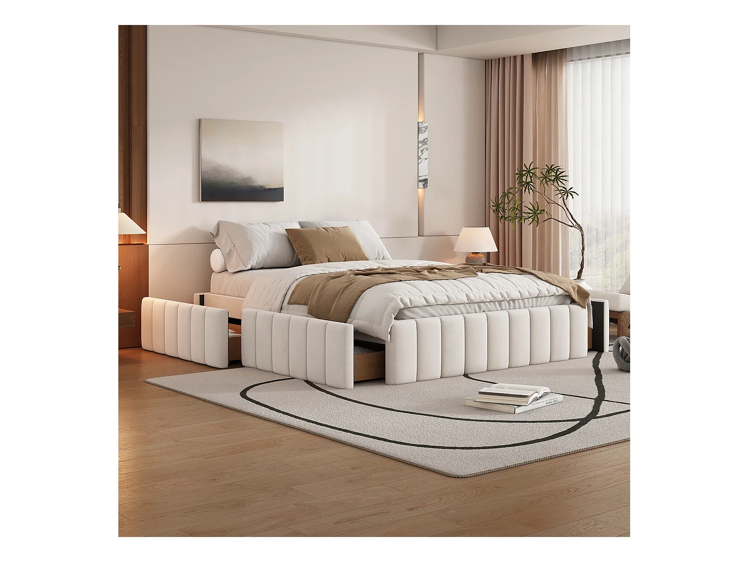 Lit capitonné 140 x 200 cm avec 4 tiroirs - sans tête de lit - velours - beige