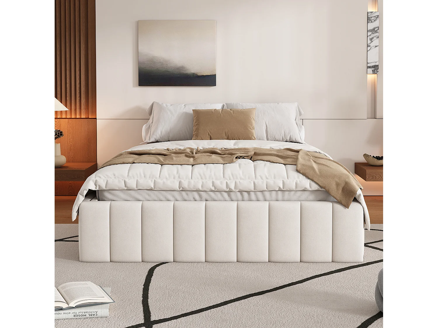 Gestoffeerd bed 140 x 200 cm met 4 lades - zonder hoofdbord - fluweel - beige