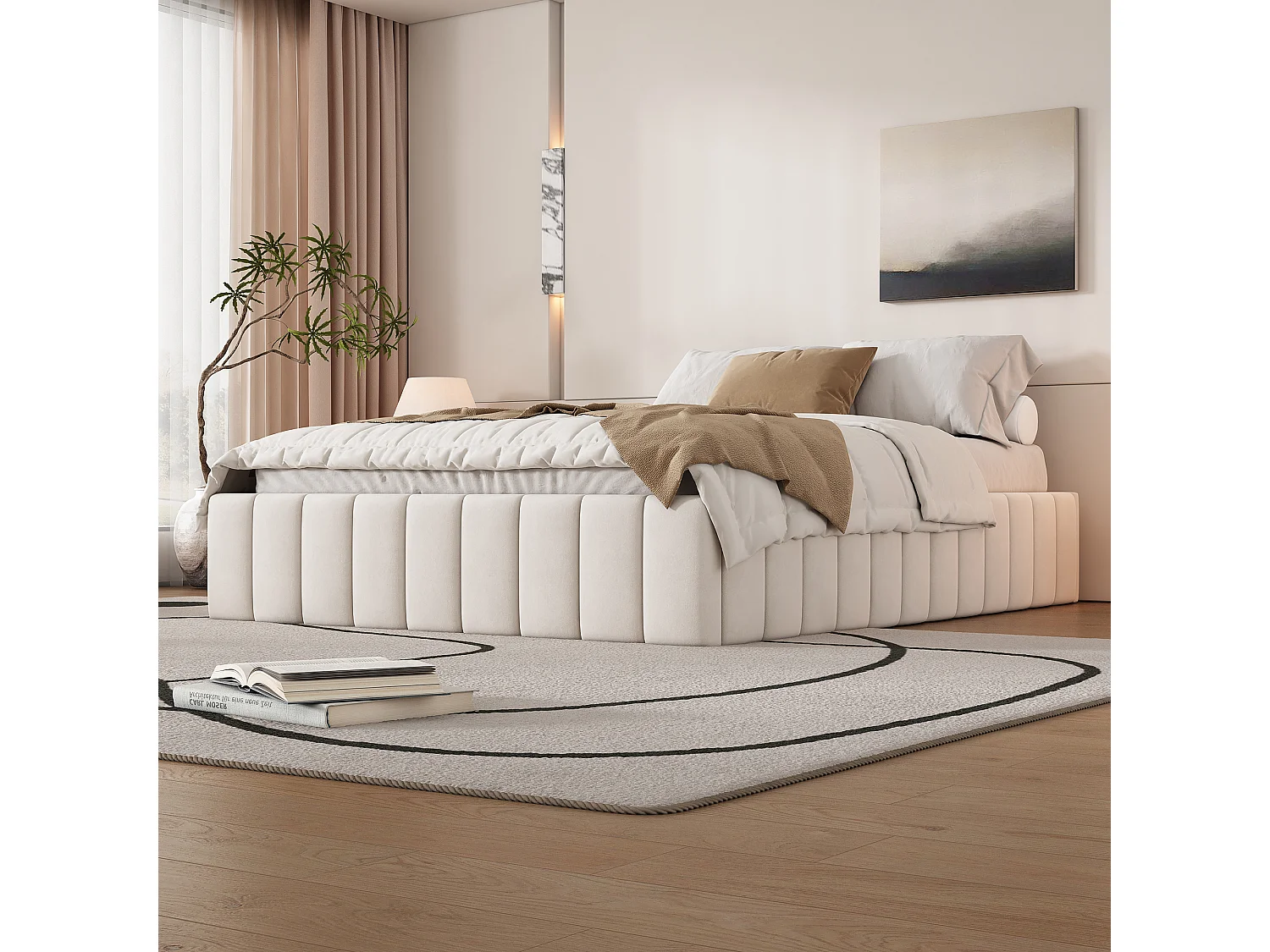 Gestoffeerd bed 140 x 200 cm met 4 lades - zonder hoofdbord - fluweel - beige