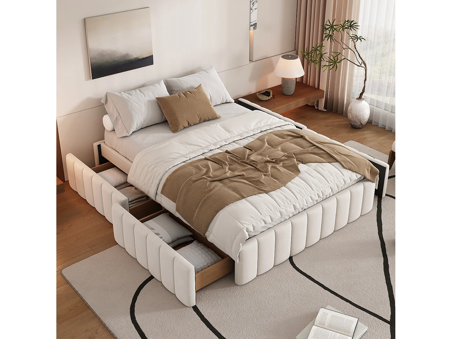 Gestoffeerd bed 140 x 200 cm met 4 lades - zonder hoofdbord - fluweel - beige
