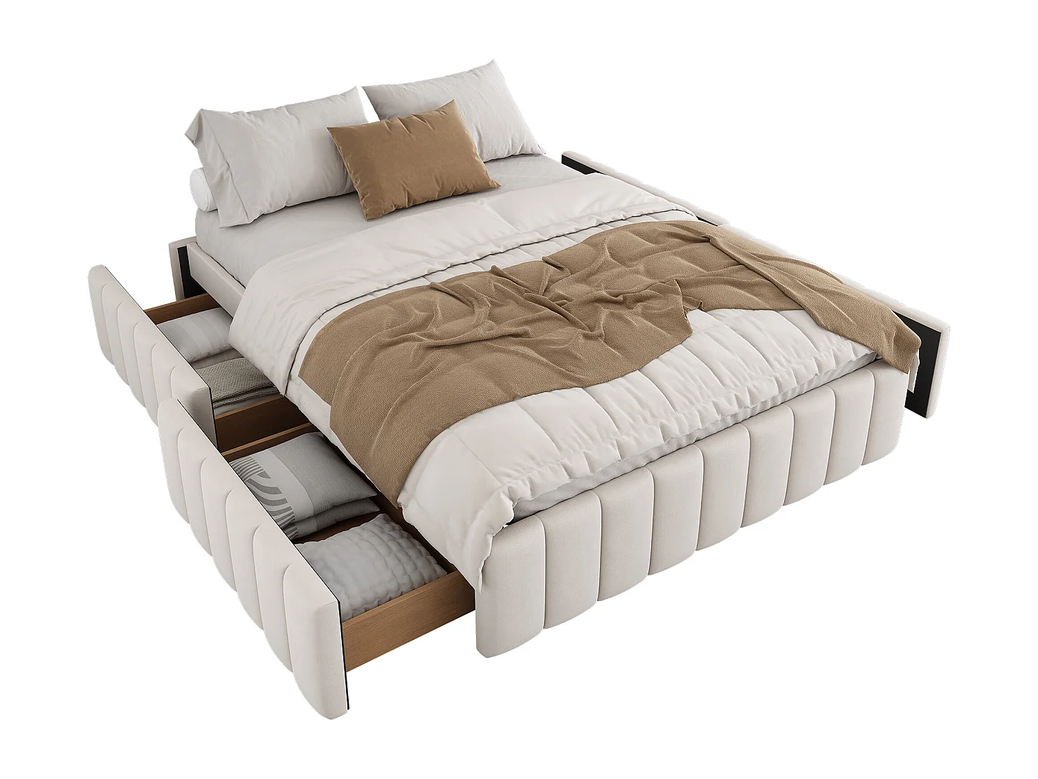 Gestoffeerd bed 140 x 200 cm met 4 lades - zonder hoofdbord - fluweel - beige
