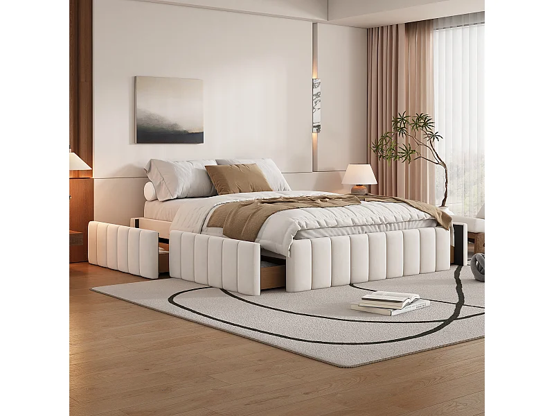 Lit capitonné 140 x 200 cm avec 4 tiroirs - sans tête de lit - velours - beige