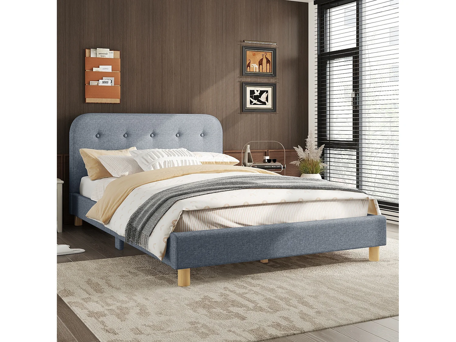 Lit adulte 140 x 200 cm avec tête de lit, rembourré en lin, sans matelas, gris