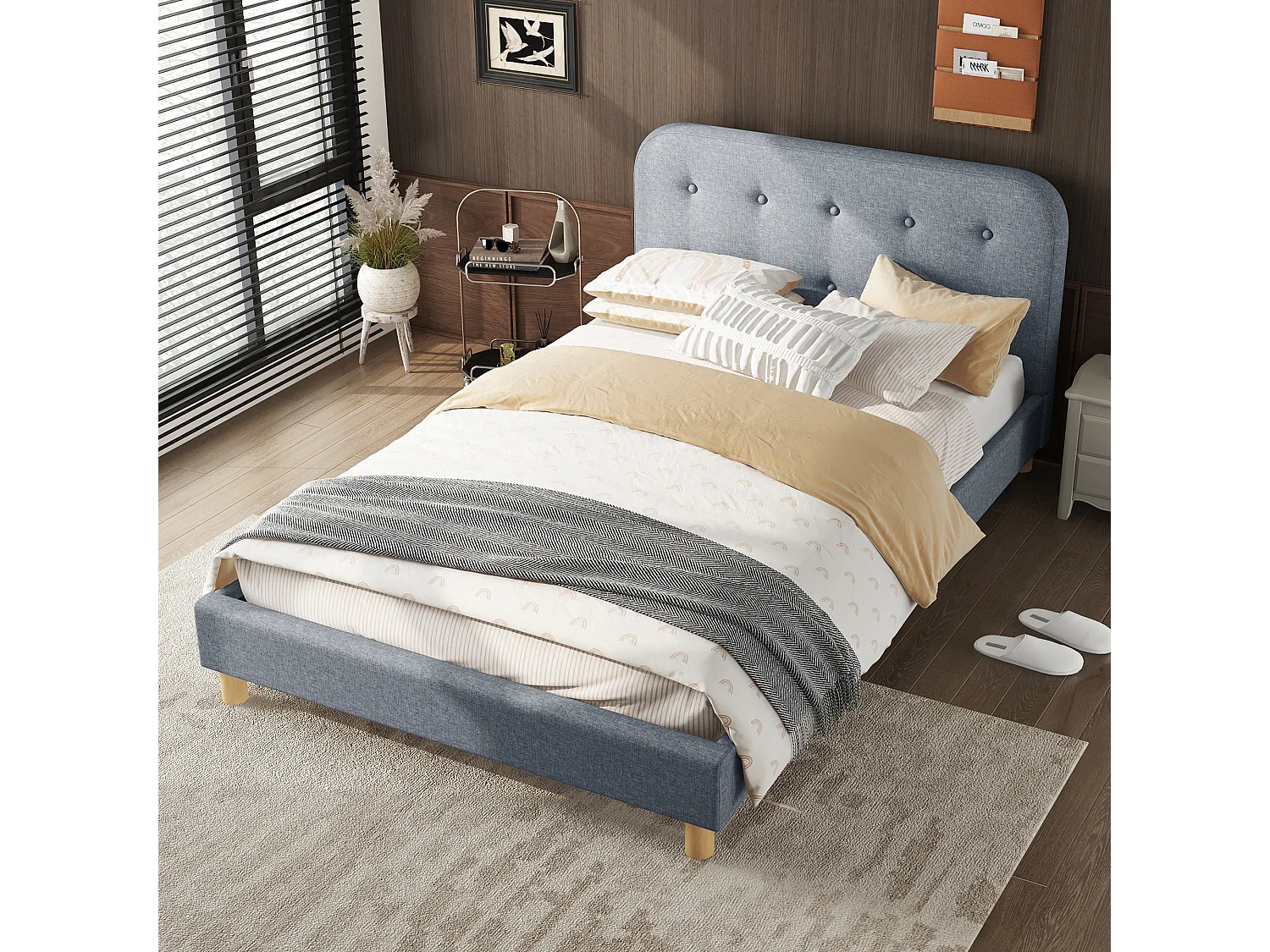 Lit adulte 140 x 200 cm avec tête de lit, rembourré en lin, sans matelas, gris