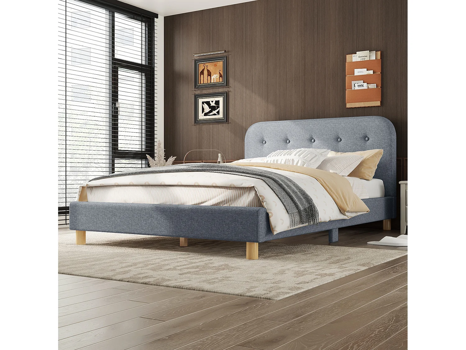 Lit adulte 140 x 200 cm avec tête de lit, rembourré en lin, sans matelas, gris