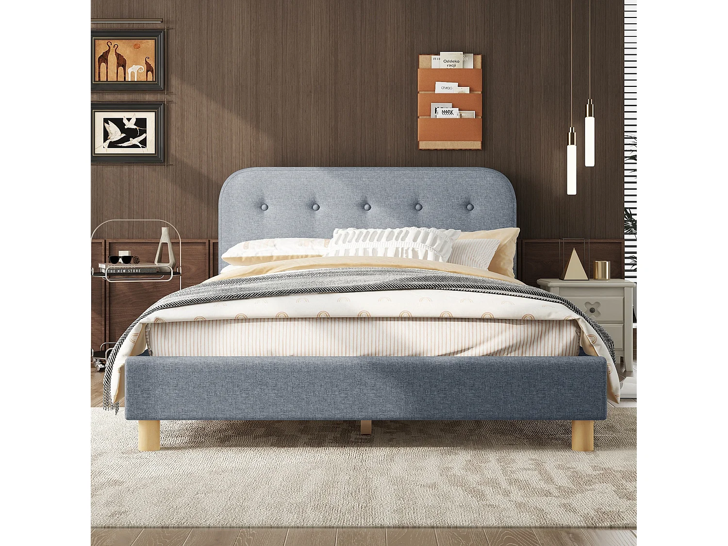 Lit adulte 140 x 200 cm avec tête de lit, rembourré en lin, sans matelas, gris