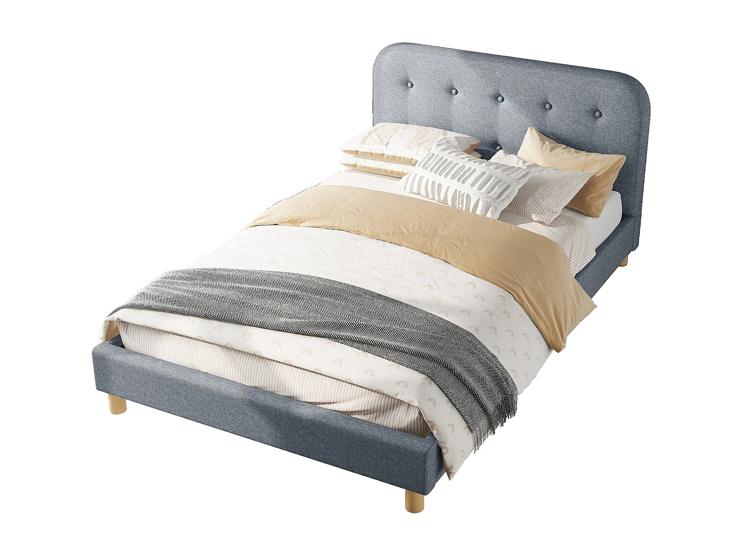 Lit adulte 140 x 200 cm avec tête de lit, rembourré en lin, sans matelas, gris