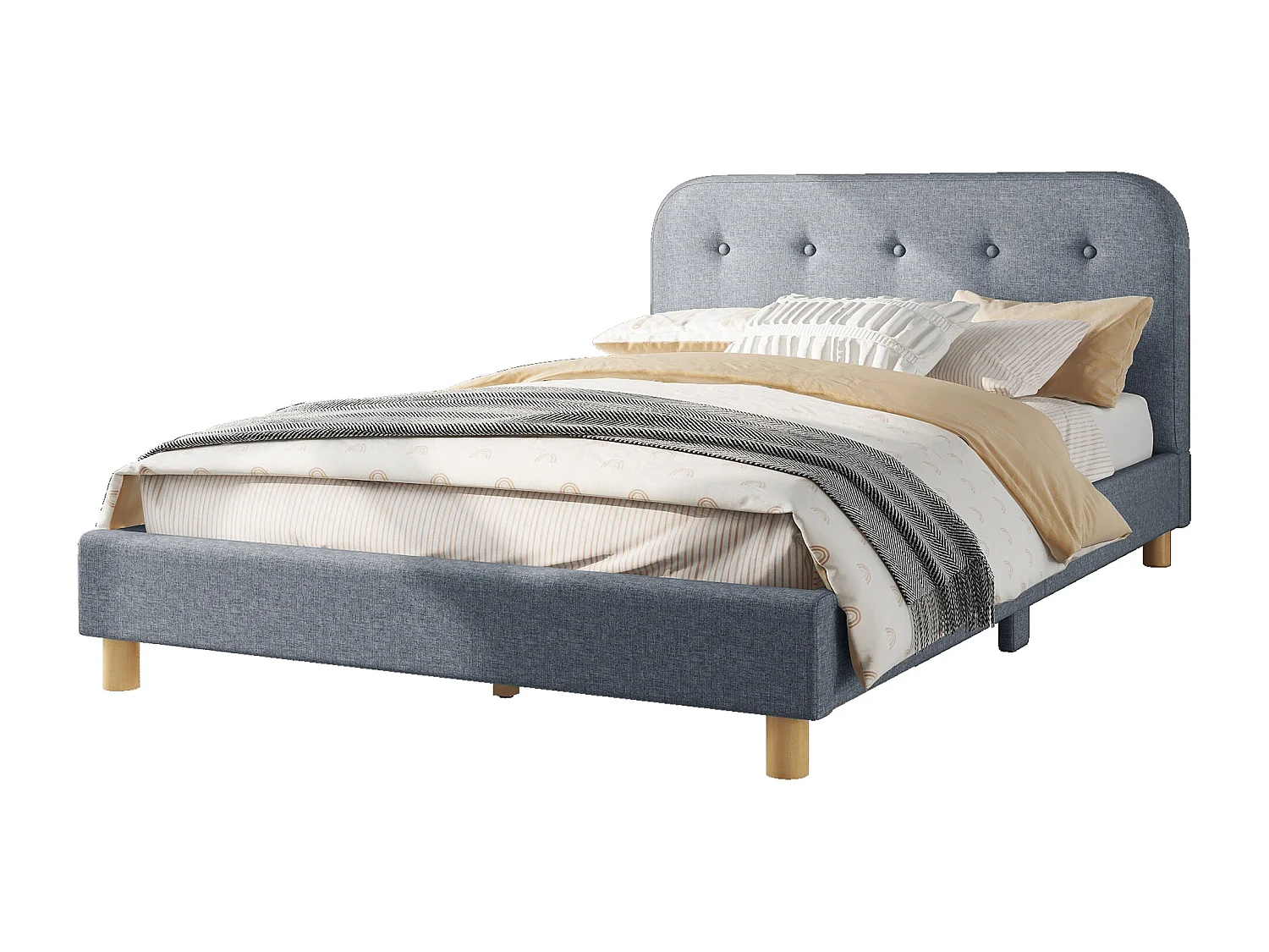 Lit adulte 140 x 200 cm avec tête de lit, rembourré en lin, sans matelas, gris