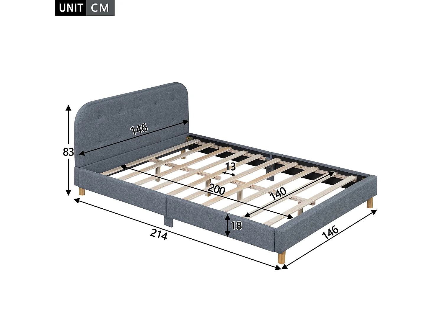 Lit adulte 140 x 200 cm avec tête de lit, rembourré en lin, sans matelas, gris