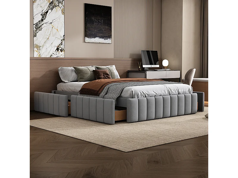 Polsterbett 140 x 200 cm mit 4 Schubladen – ohne Kopfteil – Samt – Grau