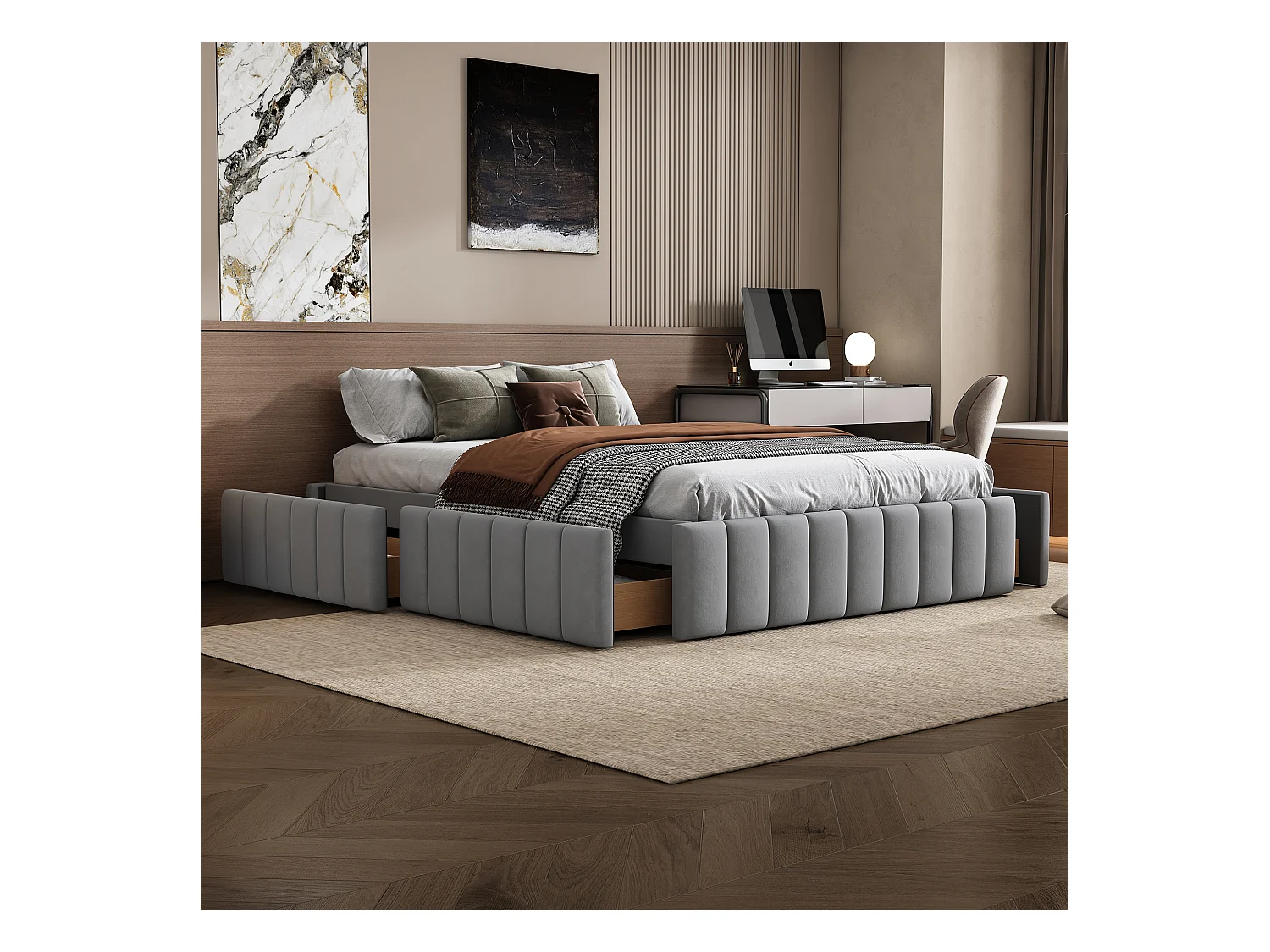 Lit capitonné 140 x 200 cm avec 4 tiroirs - sans tête de lit - velours - gris