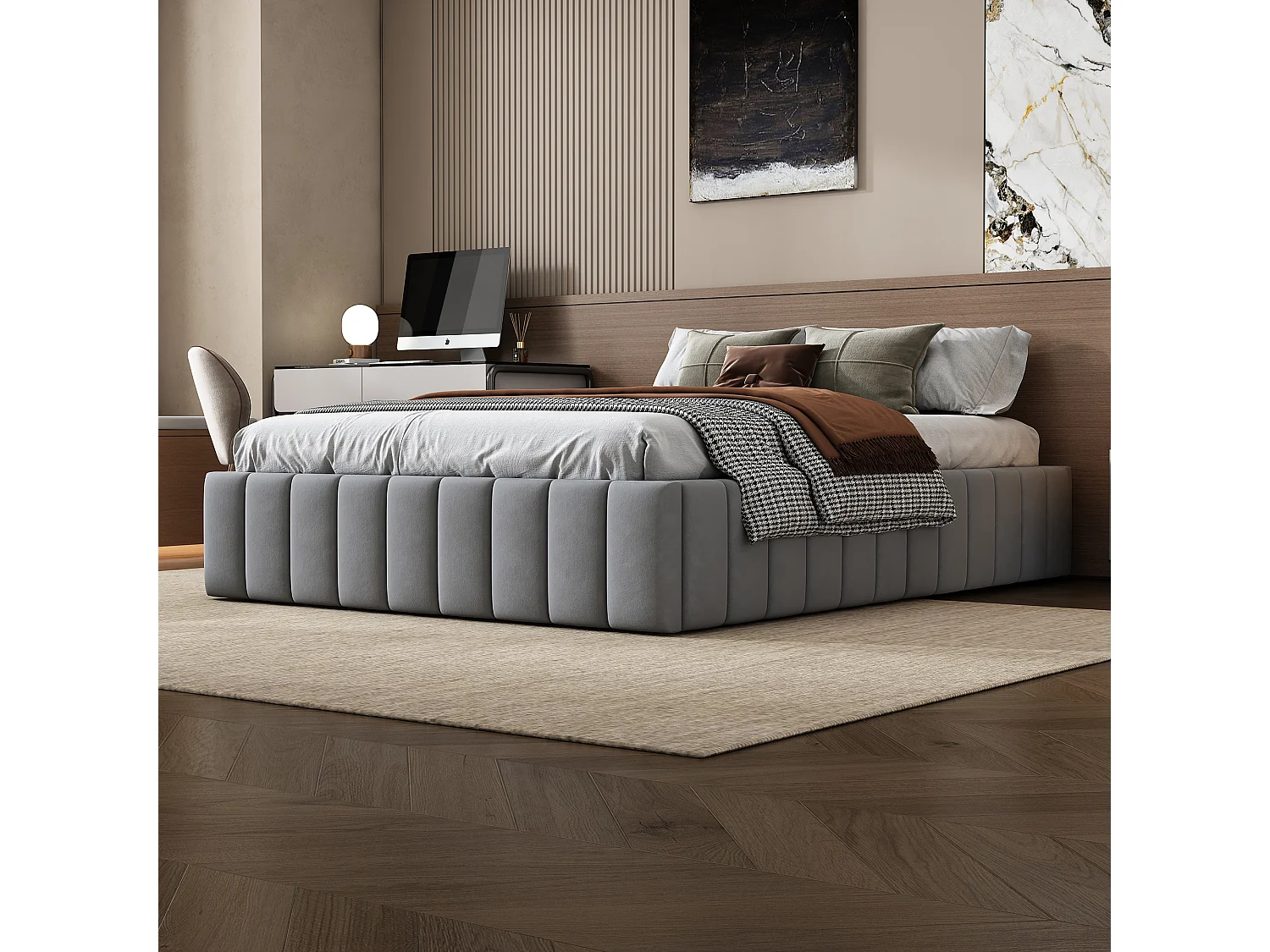Letto imbottito 140 x 200 cm con 4 cassetti - senza testiera - velluto - grigio