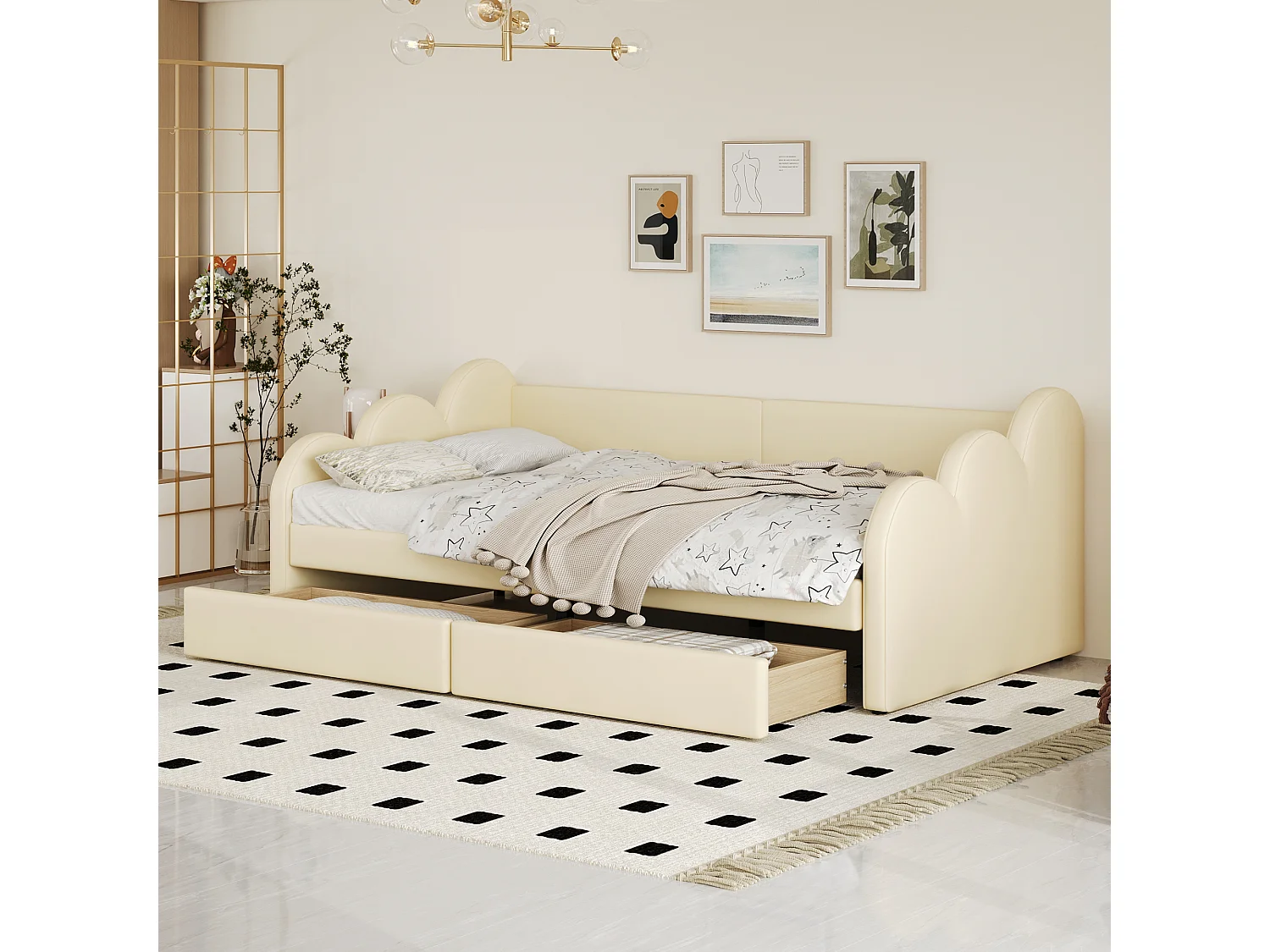 Cama estofada 90 x 200 cm com 2 gavetas, encosto e braços, estofada em pele sintética, bege