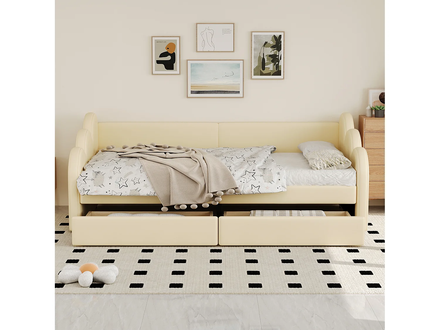 Cama estofada 90 x 200 cm com 2 gavetas, encosto e braços, estofada em pele sintética, bege