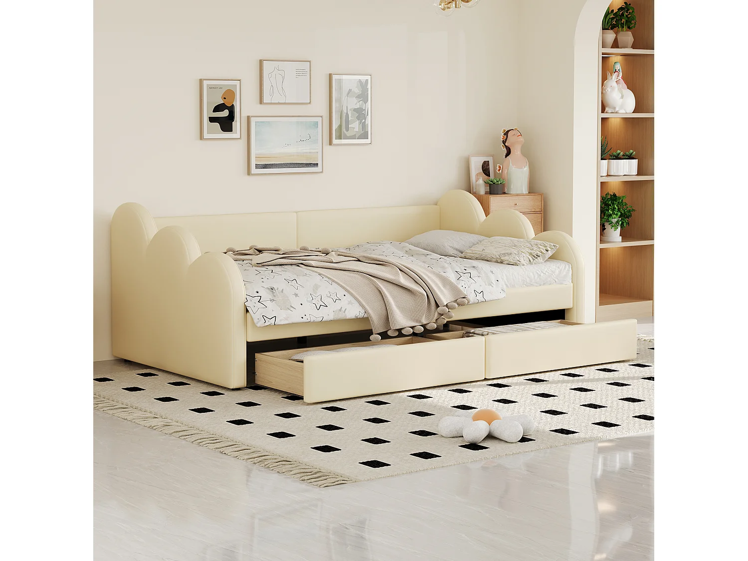 Cama estofada 90 x 200 cm com 2 gavetas, encosto e braços, estofada em pele sintética, bege