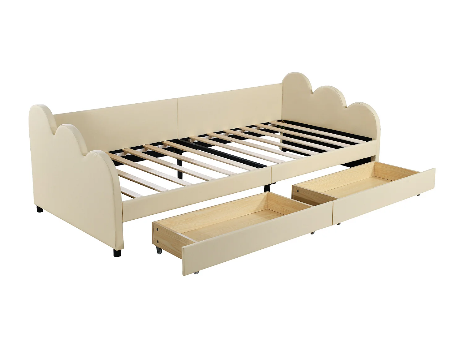 Cama estofada 90 x 200 cm com 2 gavetas, encosto e braços, estofada em pele sintética, bege