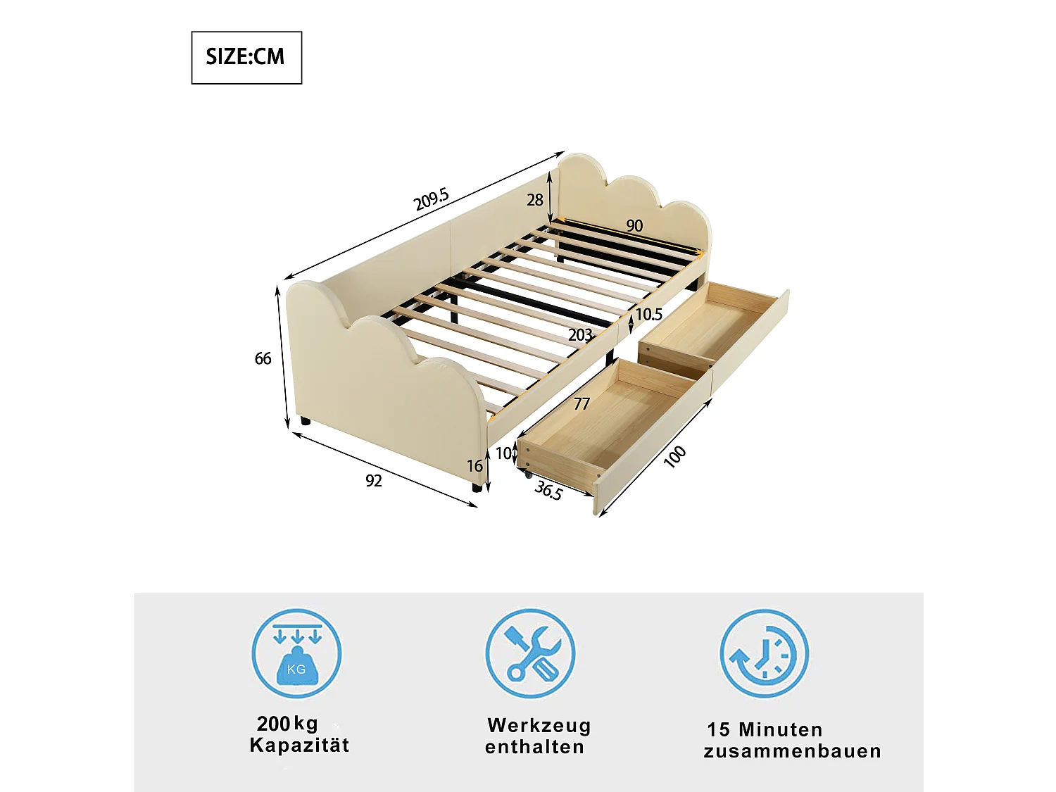 Cama estofada 90 x 200 cm com 2 gavetas, encosto e braços, estofada em pele sintética, bege