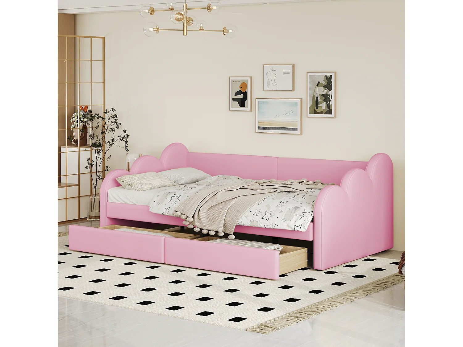 Lit capitonné 90 x 200 cm avec 2 tiroirs, dossier et accoudoirs, rembourré en simili cuir, rose