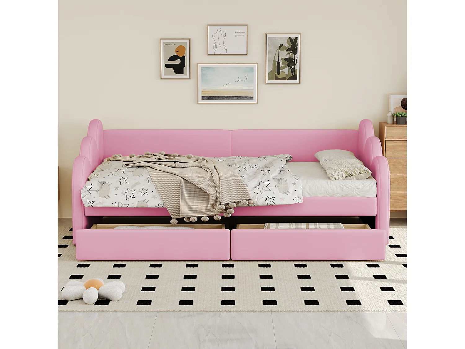 Lit capitonné 90 x 200 cm avec 2 tiroirs, dossier et accoudoirs, rembourré en simili cuir, rose