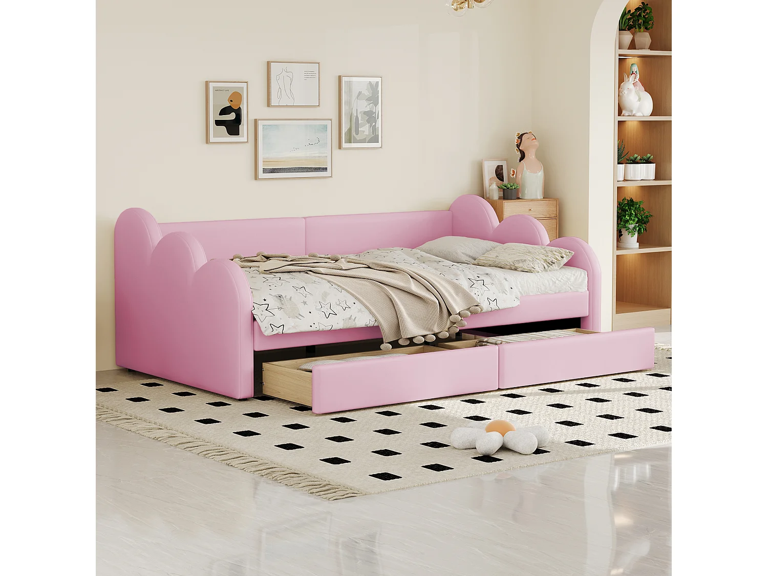 Lit capitonné 90 x 200 cm avec 2 tiroirs, dossier et accoudoirs, rembourré en simili cuir, rose