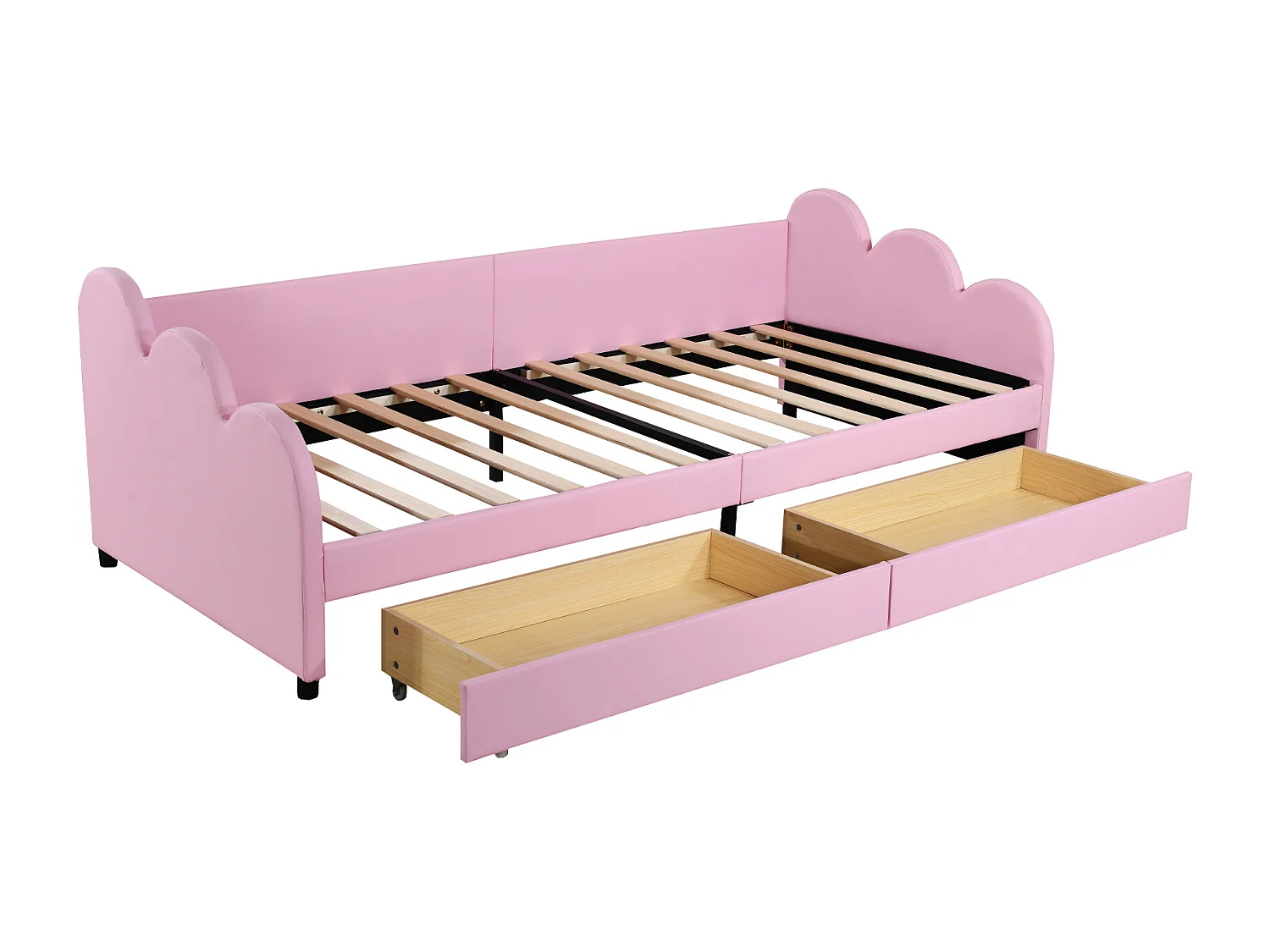 Lit capitonné 90 x 200 cm avec 2 tiroirs, dossier et accoudoirs, rembourré en simili cuir, rose