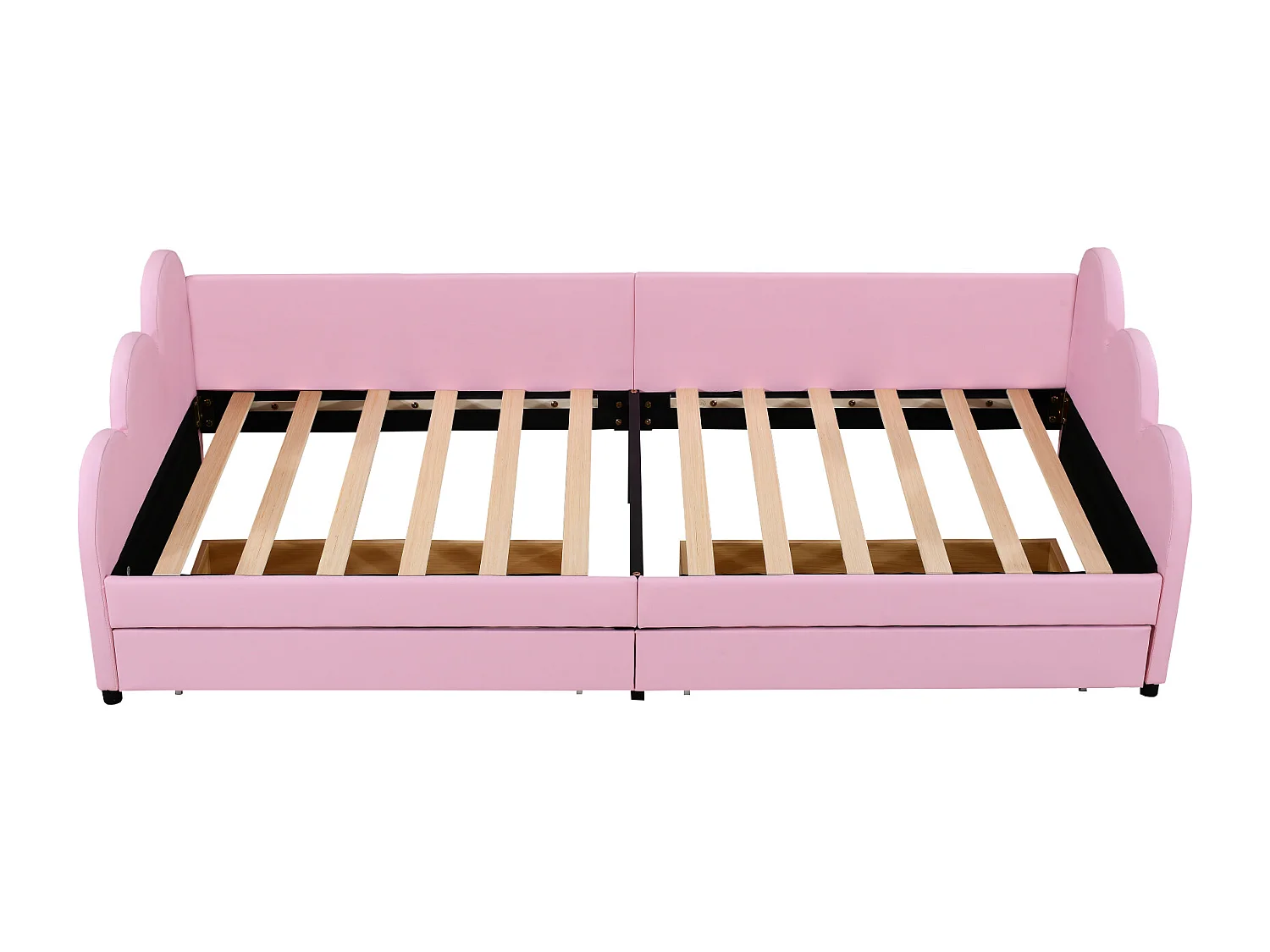 Lit capitonné 90 x 200 cm avec 2 tiroirs, dossier et accoudoirs, rembourré en simili cuir, rose