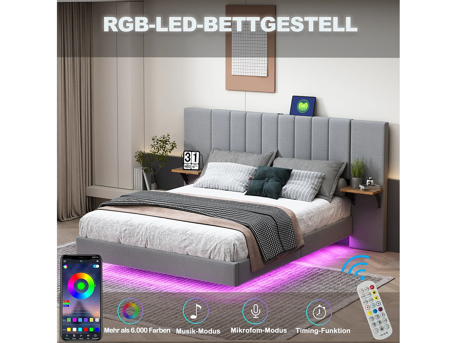 Gestoffeerd bed 140 x 200 cm met langwerpig hoofdeinde en zijplanken - USB-aansluiting en LED's - Linnenstof - Grijs