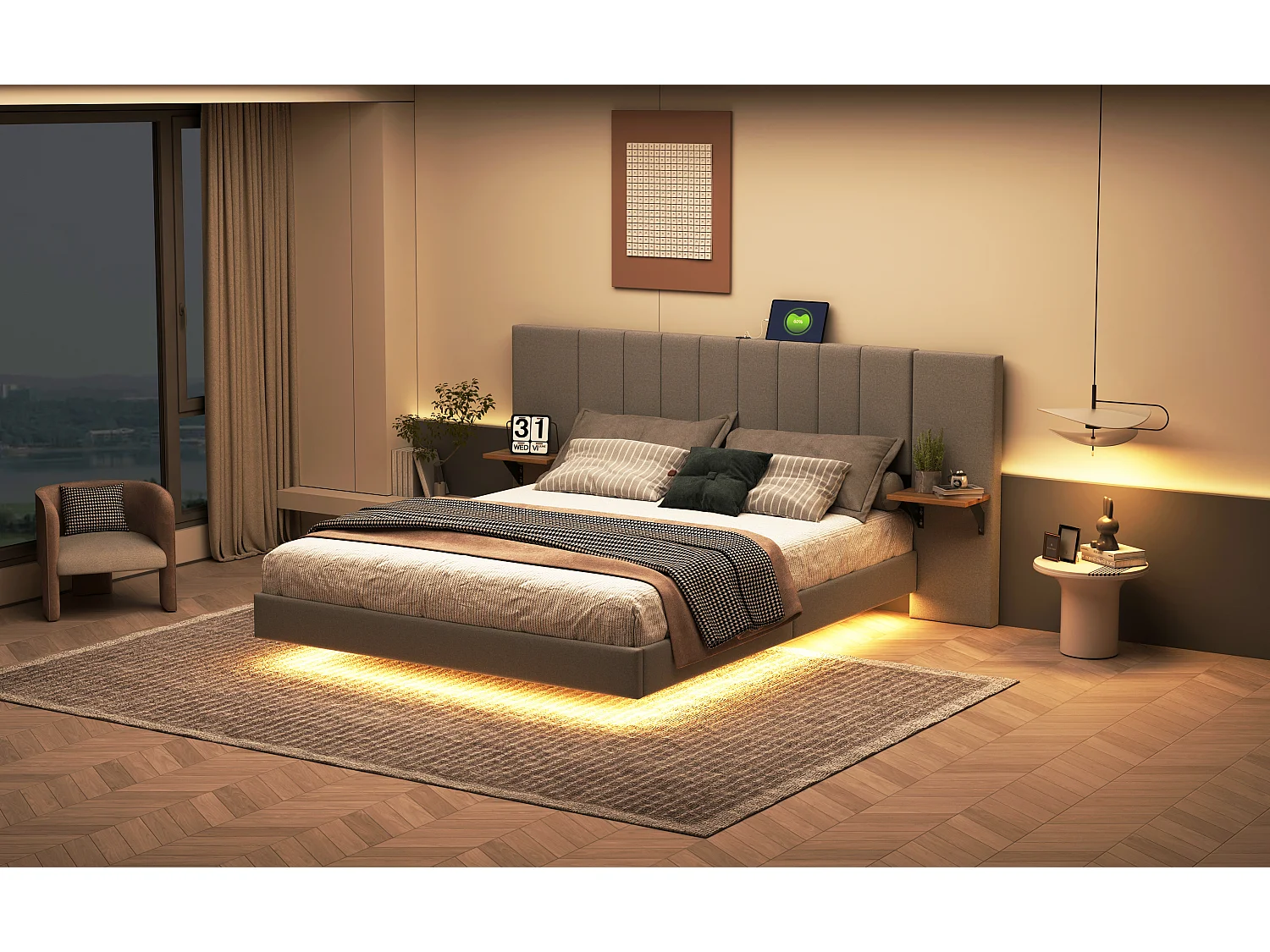 Gestoffeerd bed 140 x 200 cm met langwerpig hoofdeinde en zijplanken - USB-aansluiting en LED's - Linnenstof - Grijs