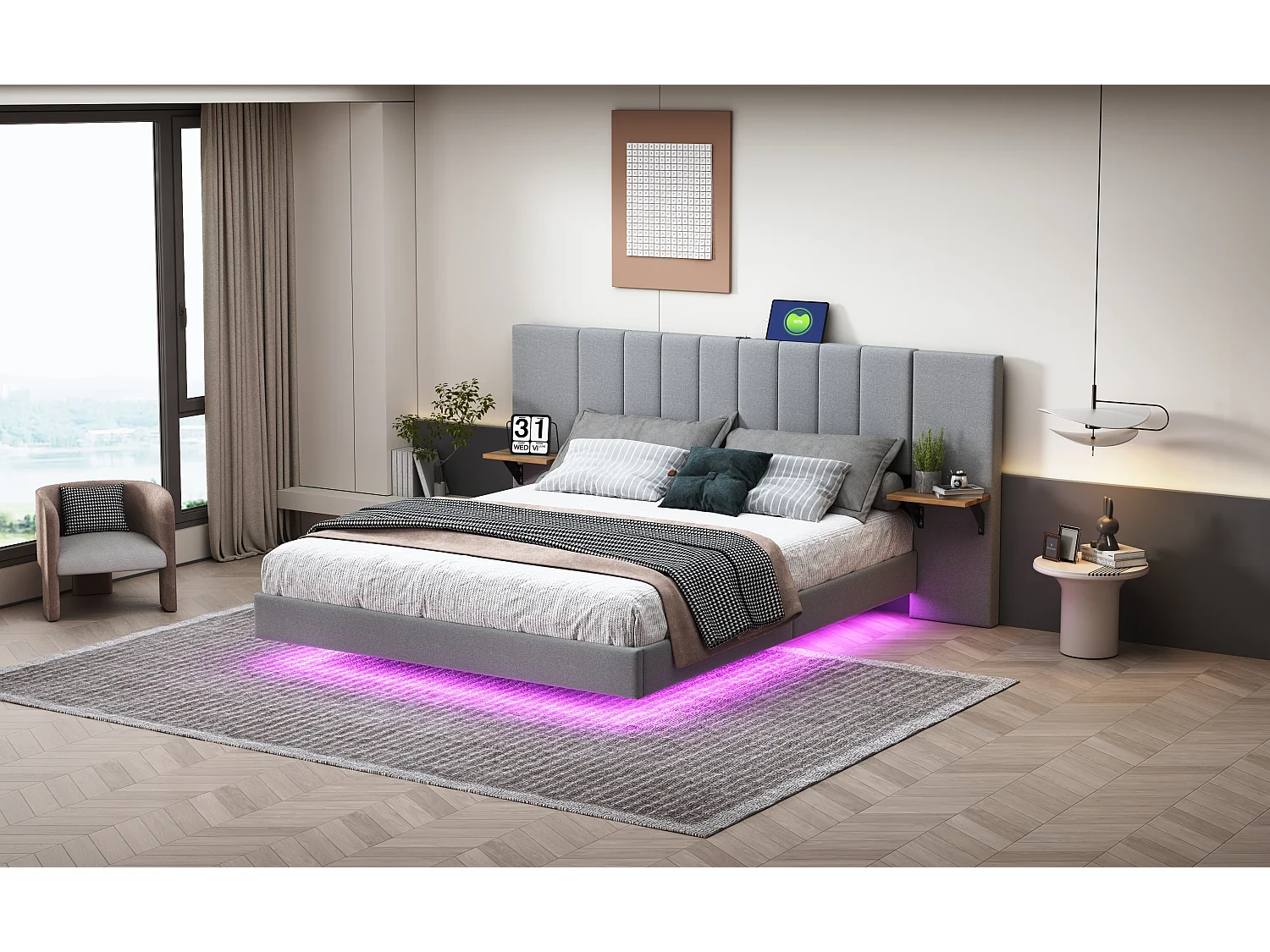 Gestoffeerd bed 140 x 200 cm met langwerpig hoofdeinde en zijplanken - USB-aansluiting en LED's - Linnenstof - Grijs