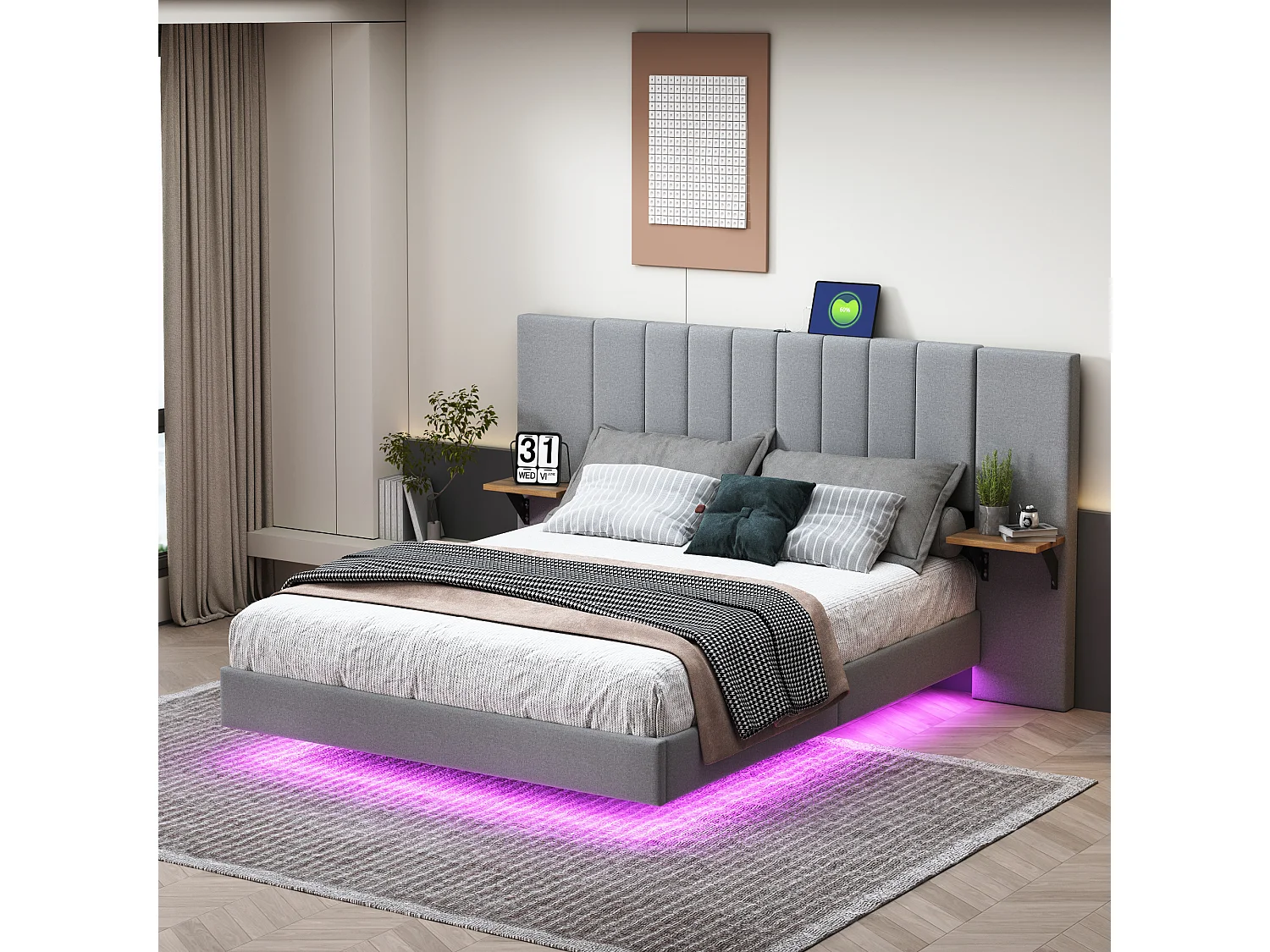 Lit capitonné 140 x 200 cm avec tête de lit allongée et étagères latérales - Prise USB et LEDs - Tissu en lin - Gris
