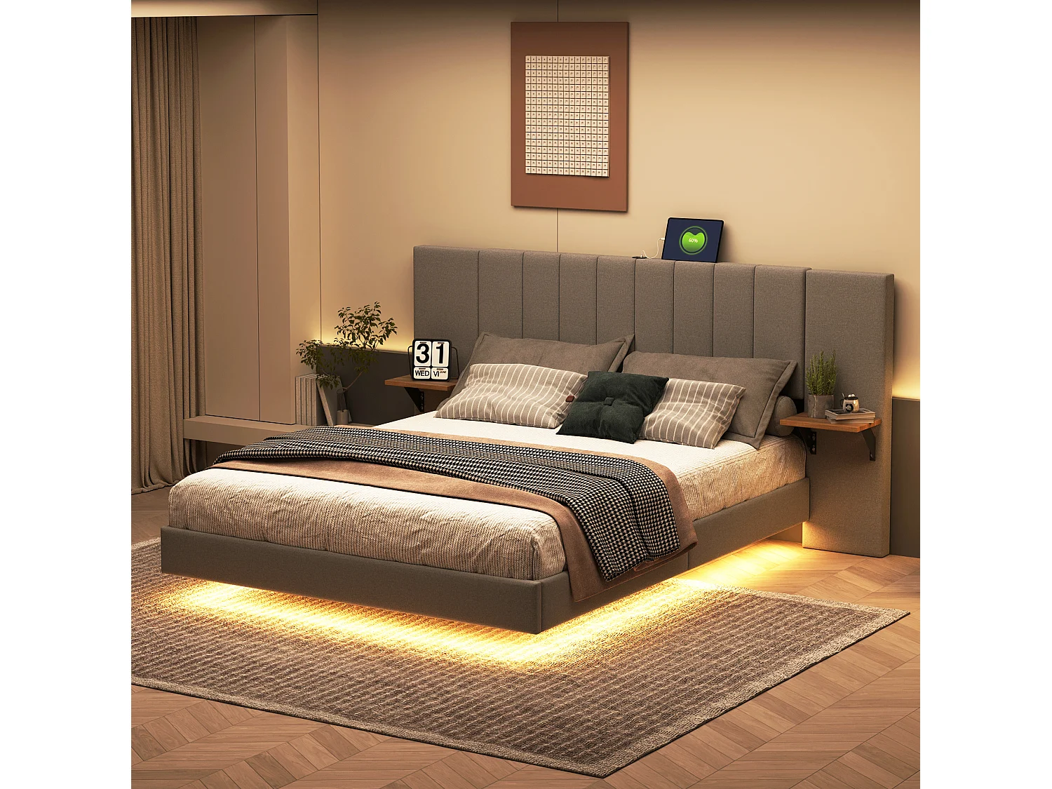 Lit capitonné 140 x 200 cm avec tête de lit allongée et étagères latérales - Prise USB et LEDs - Tissu en lin - Gris