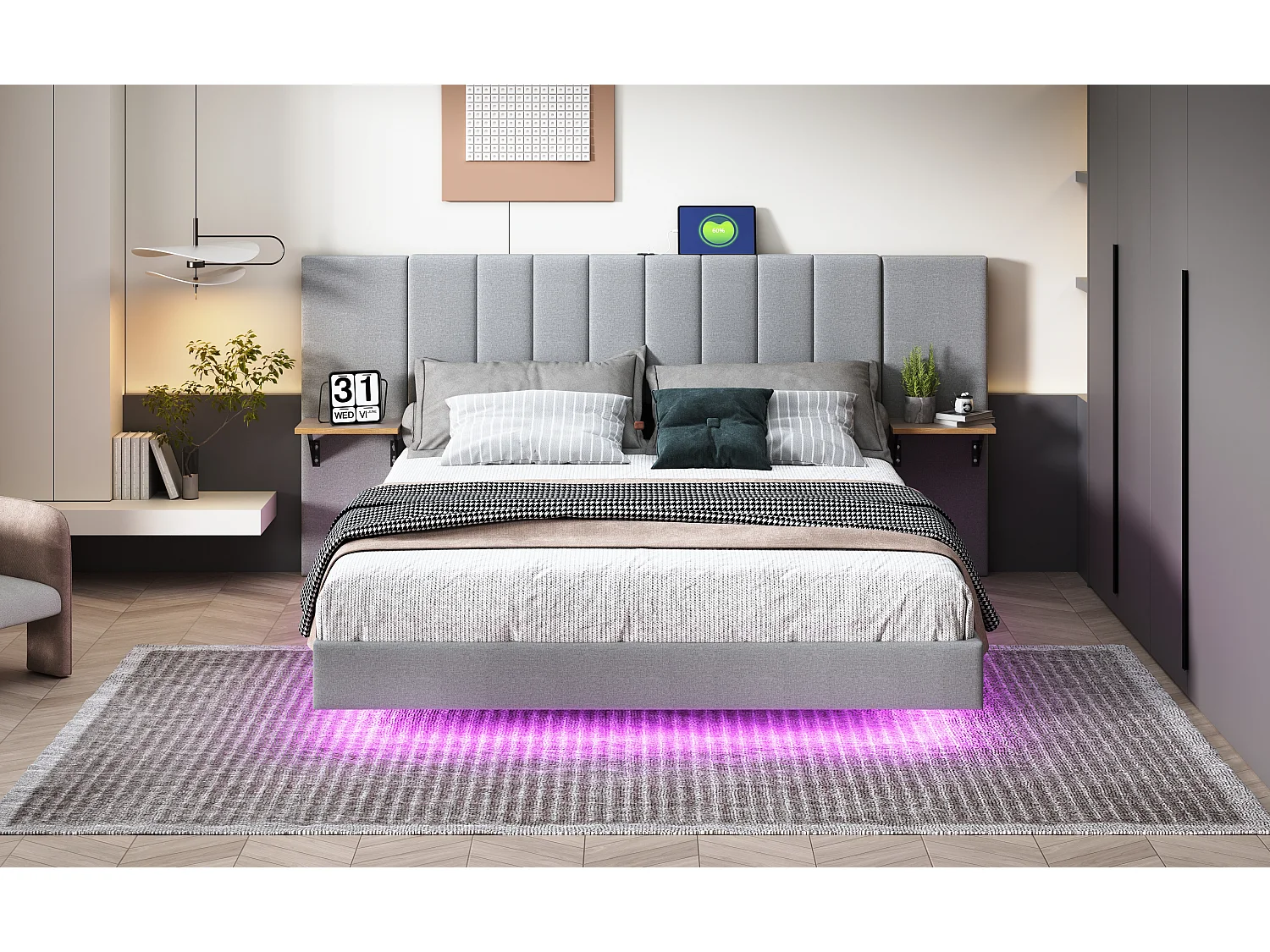 Lit capitonné 140 x 200 cm avec tête de lit allongée et étagères latérales - Prise USB et LEDs - Tissu en lin - Gris