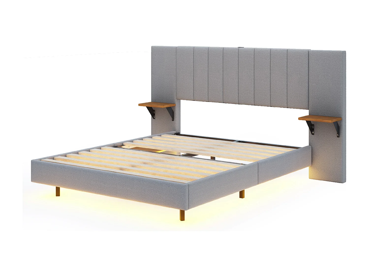 Lit capitonné 140 x 200 cm avec tête de lit allongée et étagères latérales - Prise USB et LEDs - Tissu en lin - Gris