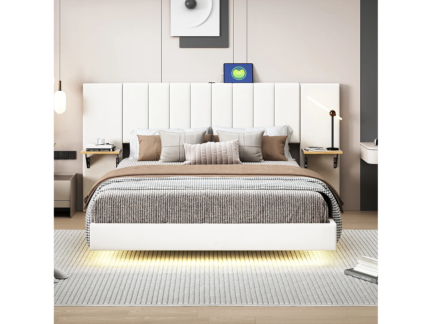 Lit capitonné 140 x 200 cm avec tête de lit allongée et étagères latérales - Prise USB et LEDs - Tissu en lin - Beige