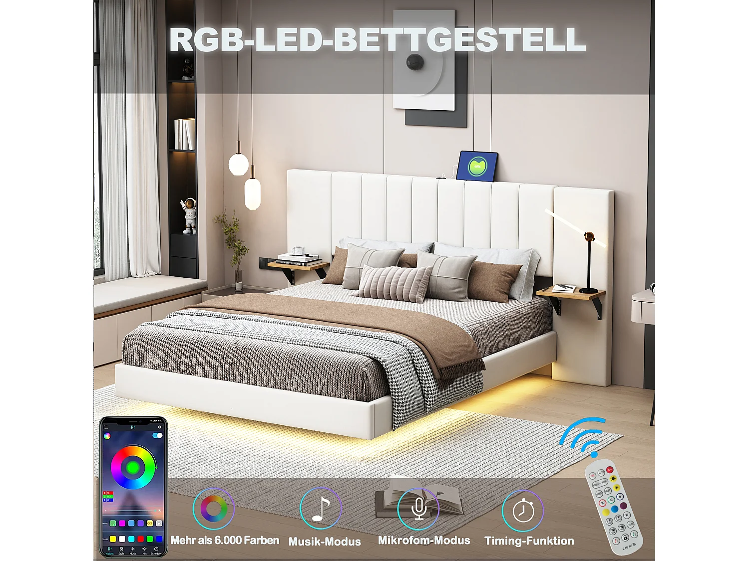 Lit capitonné 140 x 200 cm avec tête de lit allongée et étagères latérales - Prise USB et LEDs - Tissu en lin - Beige