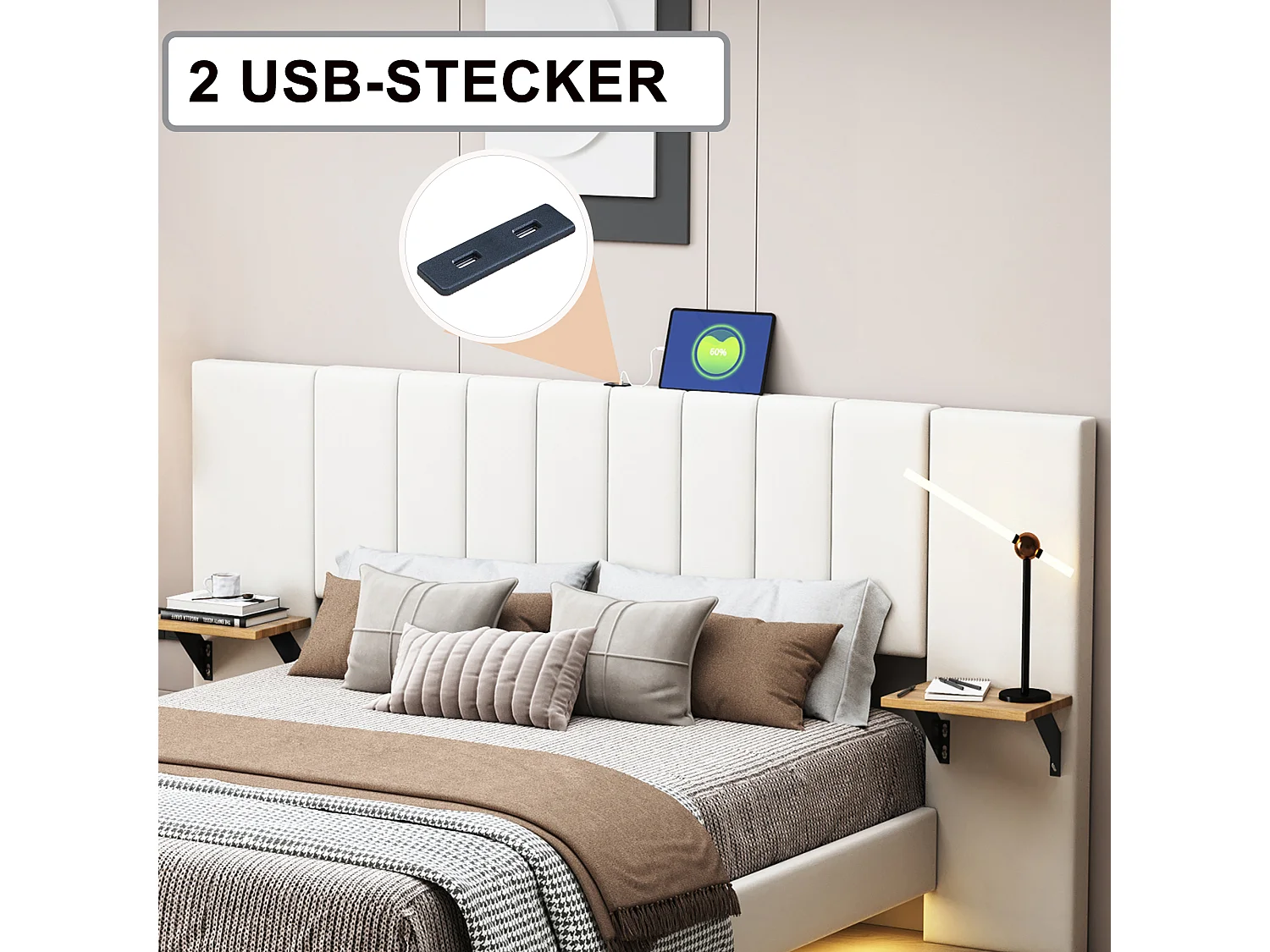 Lit capitonné 140 x 200 cm avec tête de lit allongée et étagères latérales - Prise USB et LEDs - Tissu en lin - Beige