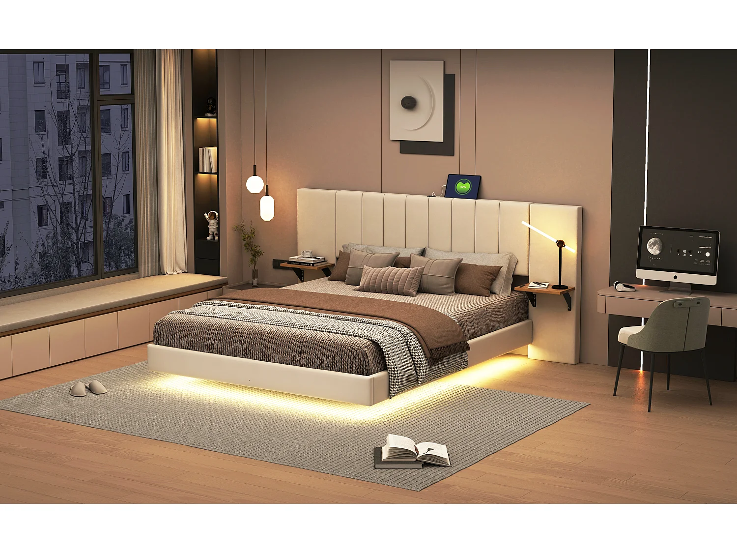Lit capitonné 140 x 200 cm avec tête de lit allongée et étagères latérales - Prise USB et LEDs - Tissu en lin - Beige