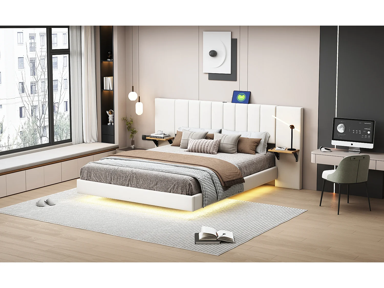 Lit capitonné 140 x 200 cm avec tête de lit allongée et étagères latérales - Prise USB et LEDs - Tissu en lin - Beige