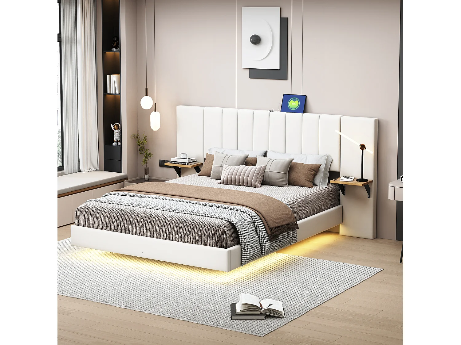 Lit capitonné 140 x 200 cm avec tête de lit allongée et étagères latérales - Prise USB et LEDs - Tissu en lin - Beige